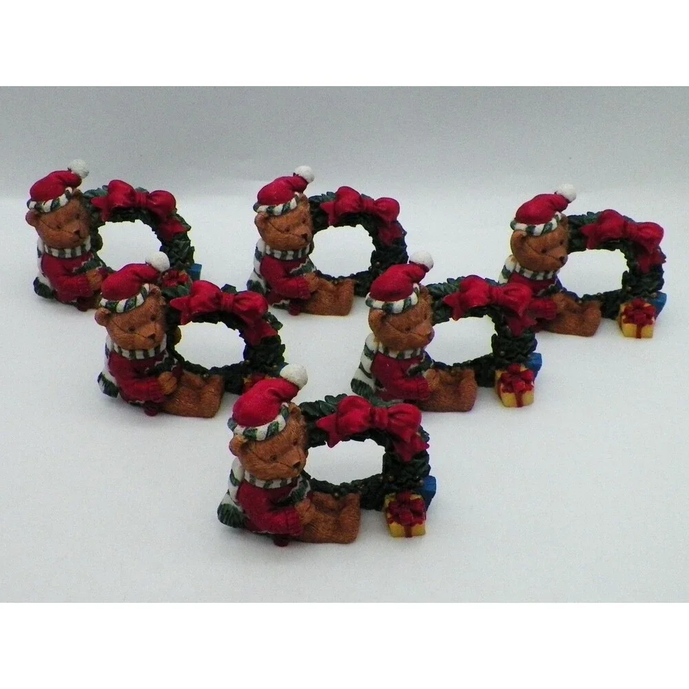 Christmas Teddy Bear in Santa Hat Napkin Rings Resin Wreath Gift Vintage Taiwan